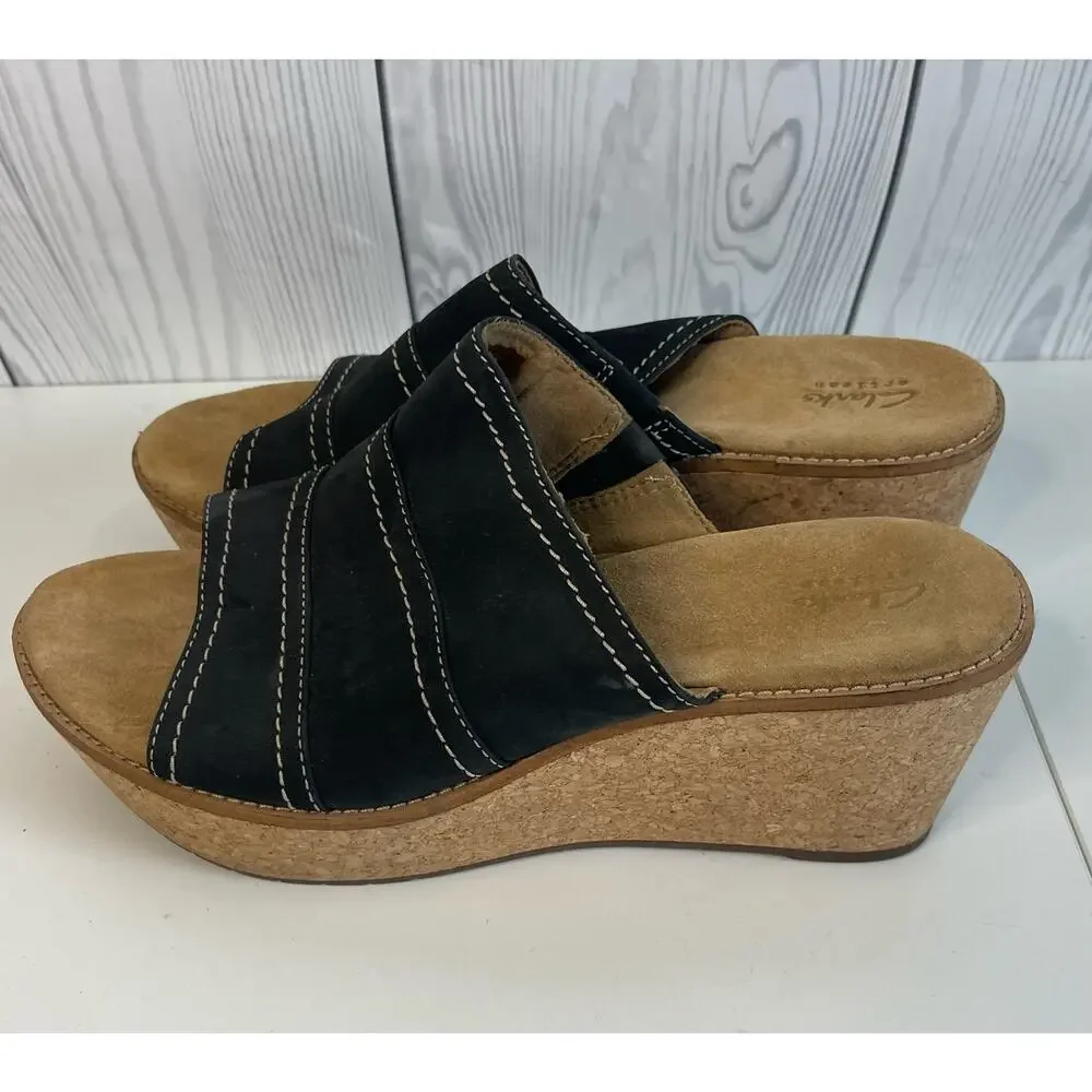 Clarks artisan Black Slip On Wedge Heel Aandals Cork Women’s Size 10 WIDE